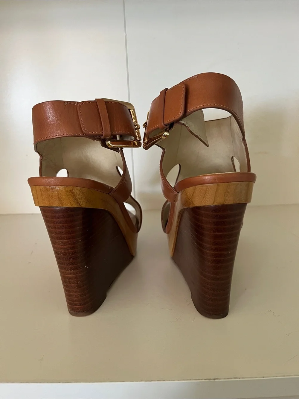 Michael Kors Cognac Leather Platform Wedge Sandals